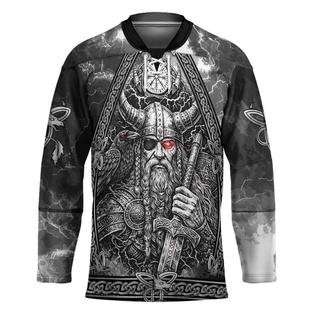 Viking Warrior Raven Axe Vegvisir Hockey Jersey Odin Warrior Nordic Runic Engraved Illustration Style