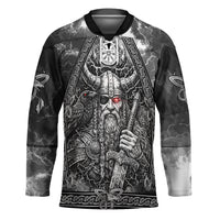 Viking Warrior Raven Axe Vegvisir Hockey Jersey Odin Warrior Nordic Runic Engraved Illustration Style