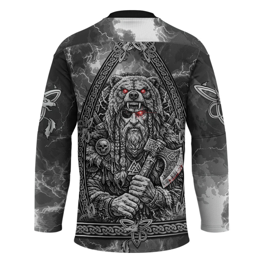 Viking Warrior Raven Axe Vegvisir Hockey Jersey Odin Warrior Nordic Runic Engraved Illustration Style