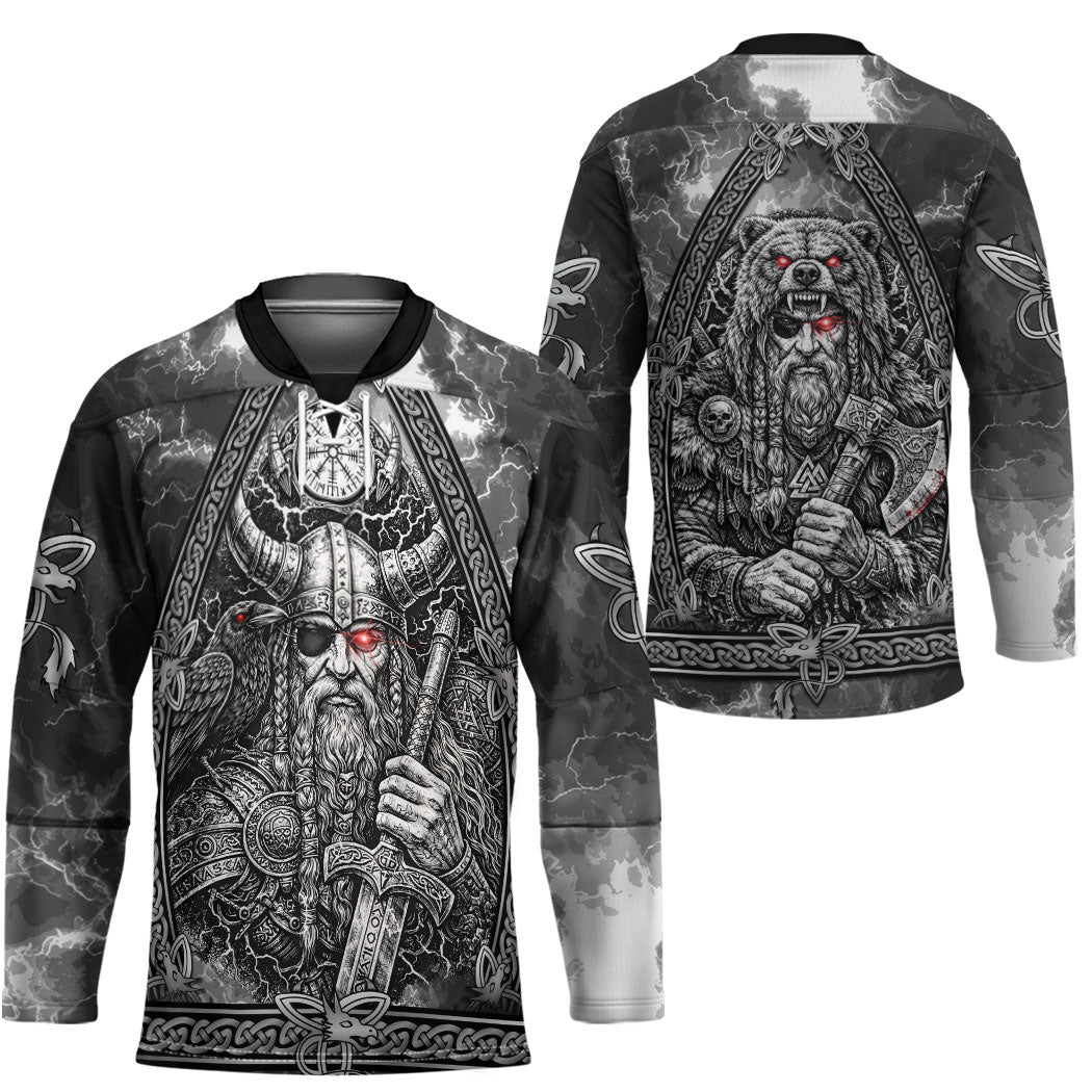Viking Warrior Raven Axe Vegvisir Hockey Jersey Odin Warrior Nordic Runic Engraved Illustration Style