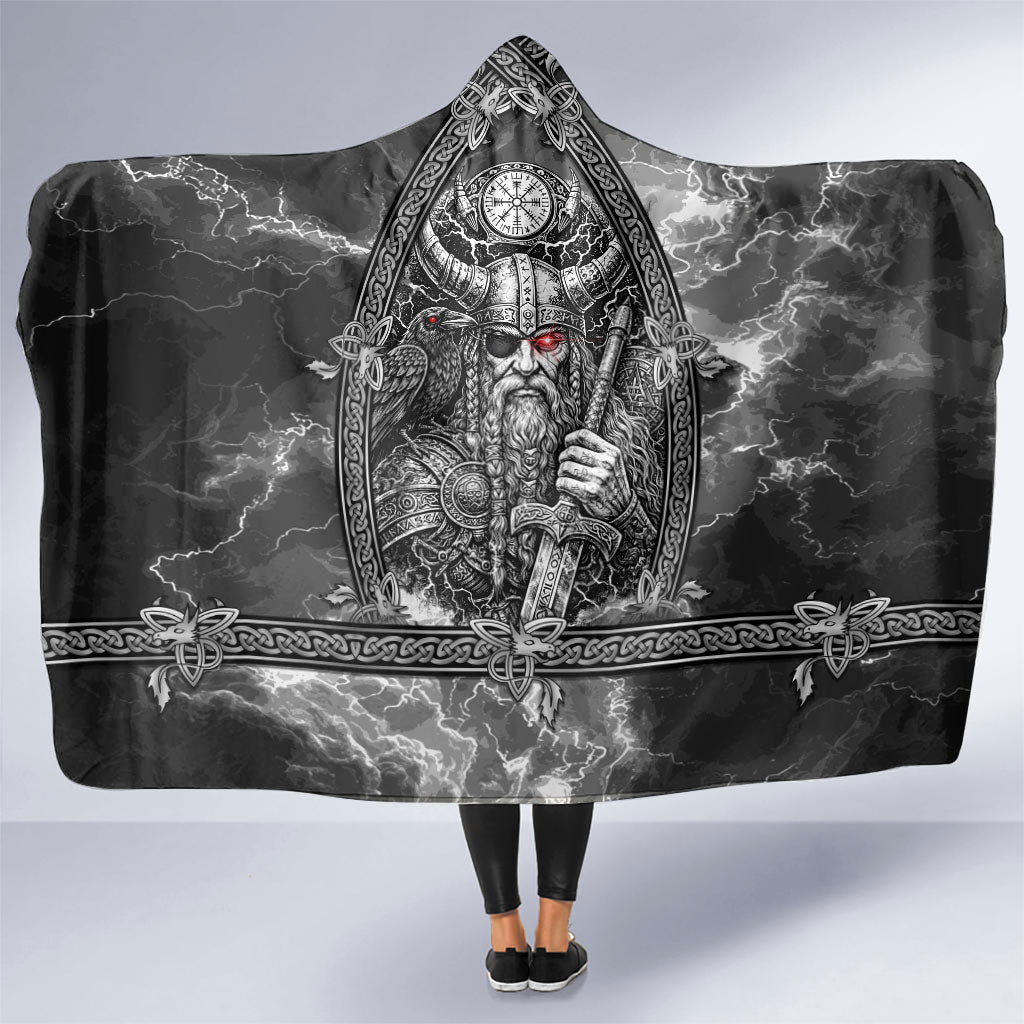 Viking Warrior Raven Axe Vegvisir Hooded Blanket Odin Warrior Nordic Runic Engraved Illustration Style