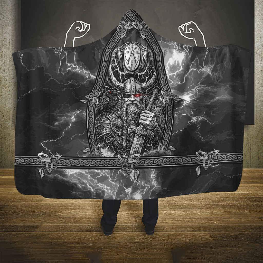 Viking Warrior Raven Axe Vegvisir Hooded Blanket Odin Warrior Nordic Runic Engraved Illustration Style