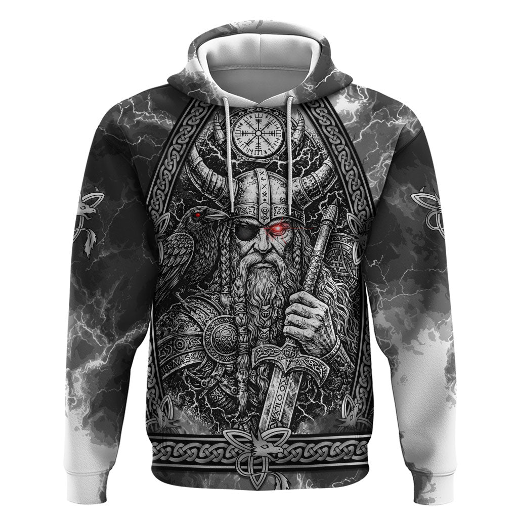 Viking Warrior Raven Axe Vegvisir Hoodie Odin Warrior Nordic Runic Engraved Illustration Style