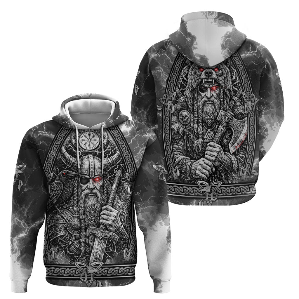 Viking Warrior Raven Axe Vegvisir Hoodie Odin Warrior Nordic Runic Engraved Illustration Style