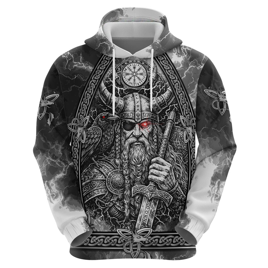 Viking Warrior Raven Axe Vegvisir Hoodie Odin Warrior Nordic Runic Engraved Illustration Style