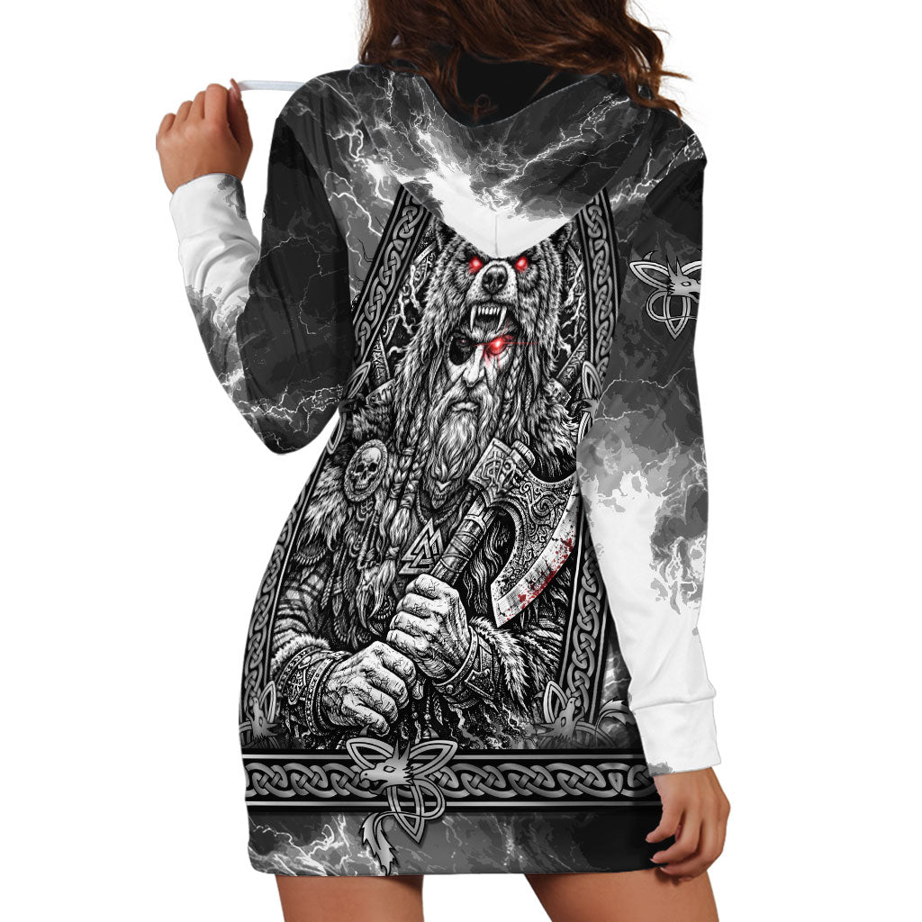 Viking Warrior Raven Axe Vegvisir Hoodie Dress Odin Warrior Nordic Runic Engraved Illustration Style