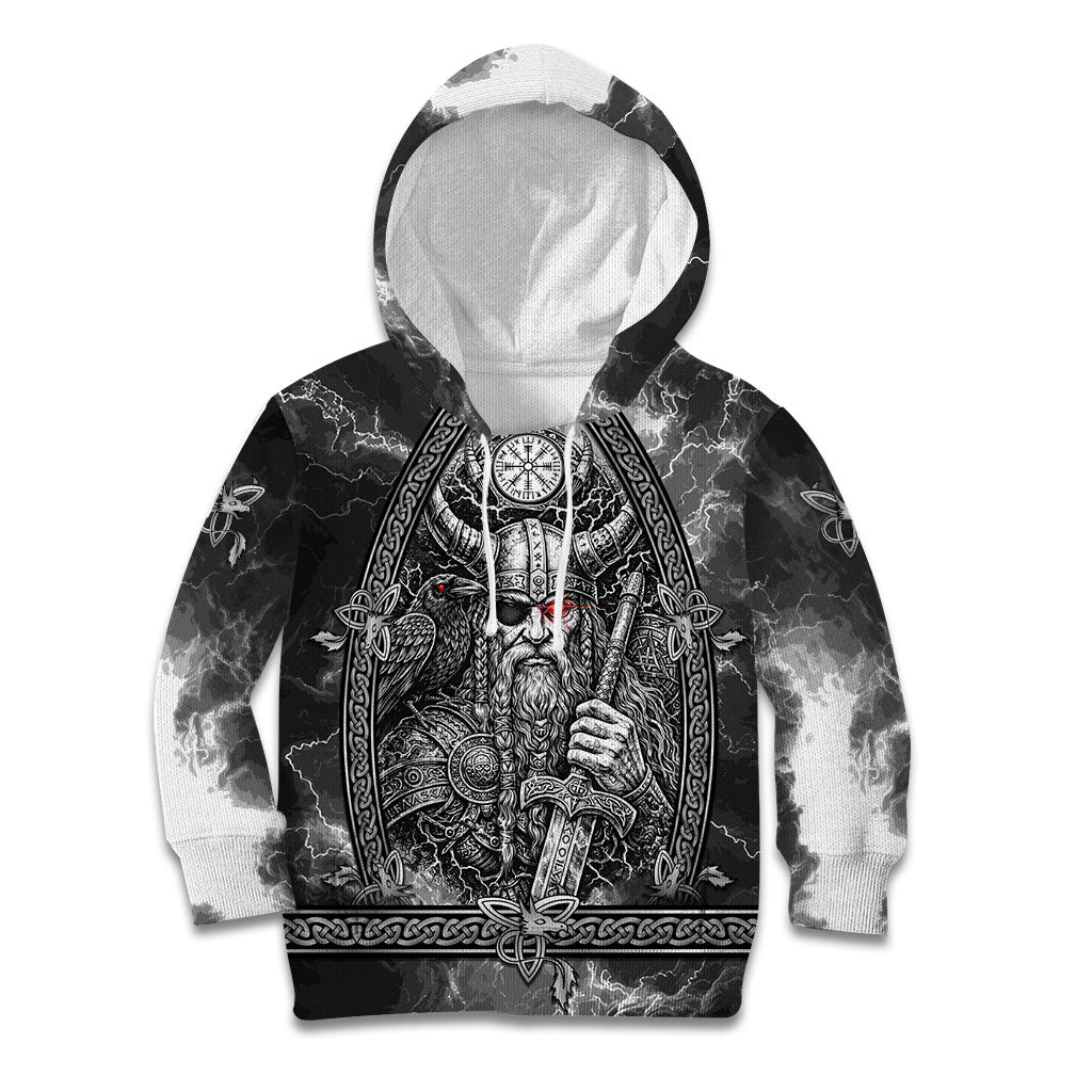 Viking Warrior Raven Axe Vegvisir Kid Hoodie Odin Warrior Nordic Runic Engraved Illustration Style