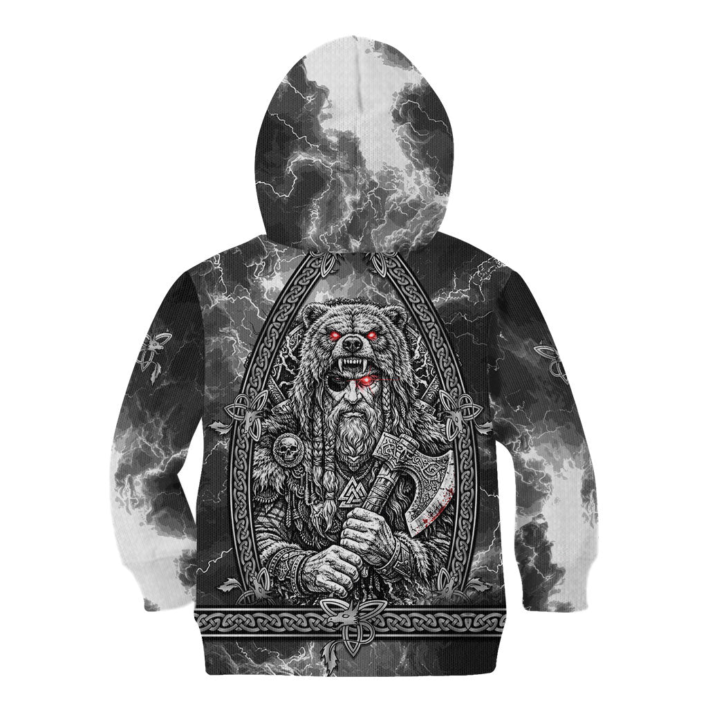 Viking Warrior Raven Axe Vegvisir Kid Hoodie Odin Warrior Nordic Runic Engraved Illustration Style
