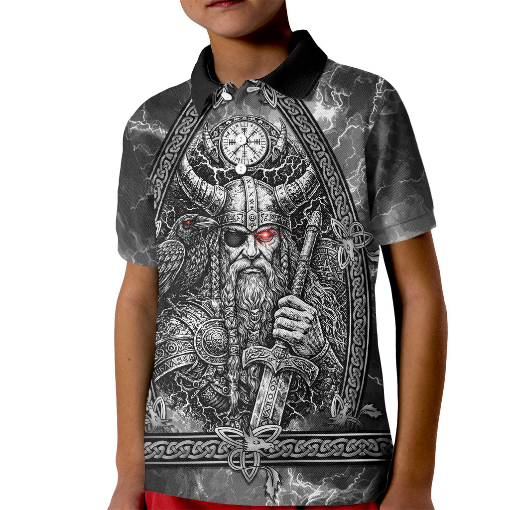 Viking Warrior Raven Axe Vegvisir Kid Polo Shirt Odin Warrior Nordic Runic Engraved Illustration Style