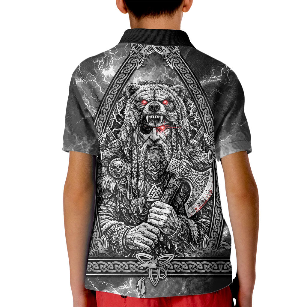 Viking Warrior Raven Axe Vegvisir Kid Polo Shirt Odin Warrior Nordic Runic Engraved Illustration Style