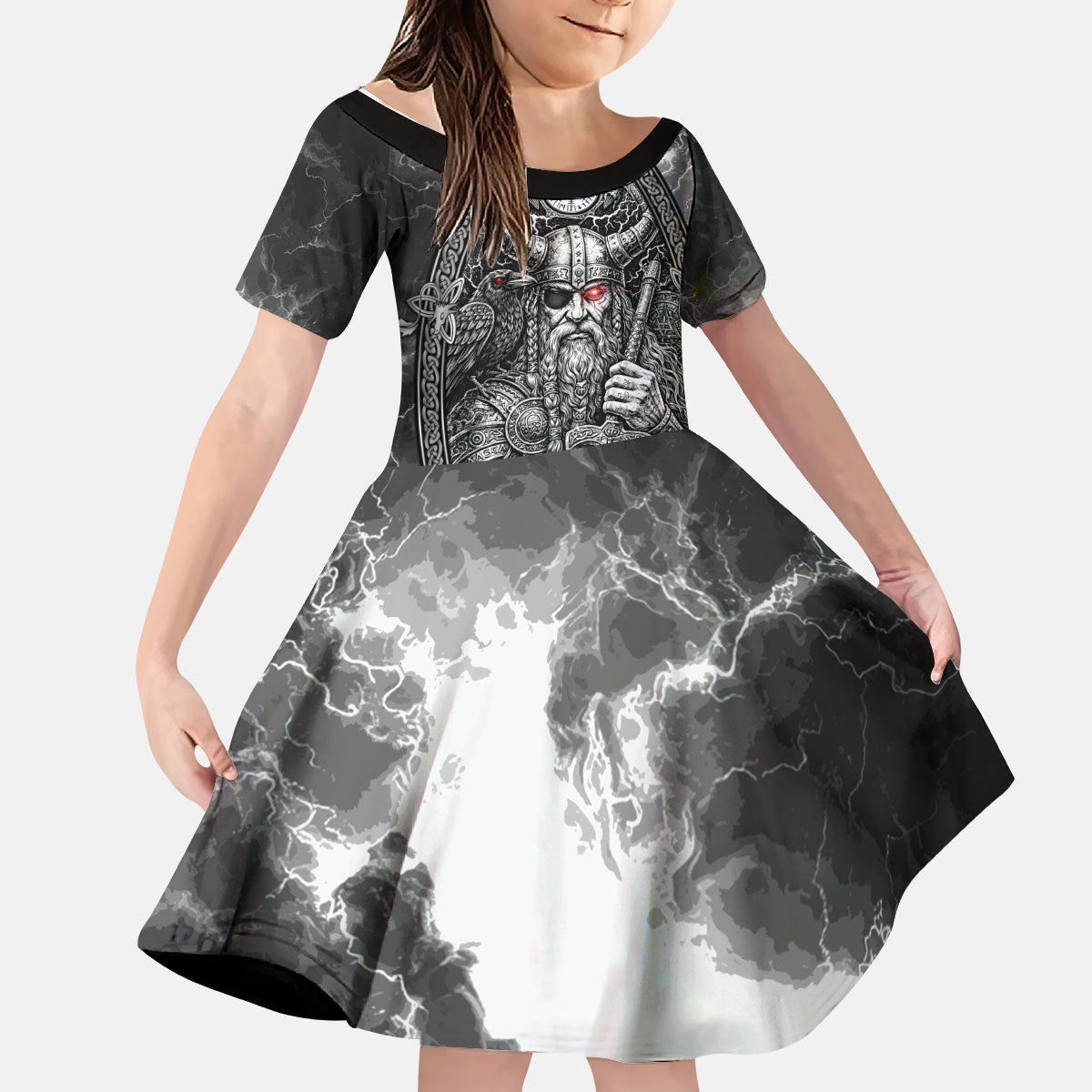 Viking Warrior Raven Axe Vegvisir Kid Short Sleeve Dress Odin Warrior Nordic Runic Engraved Illustration Style