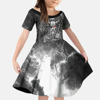 Viking Warrior Raven Axe Vegvisir Kid Short Sleeve Dress Odin Warrior Nordic Runic Engraved Illustration Style