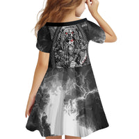 Viking Warrior Raven Axe Vegvisir Kid Short Sleeve Dress Odin Warrior Nordic Runic Engraved Illustration Style