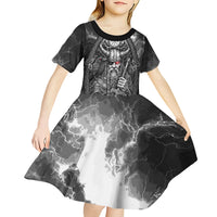 Viking Warrior Raven Axe Vegvisir Kid Short Sleeve Dress Odin Warrior Nordic Runic Engraved Illustration Style