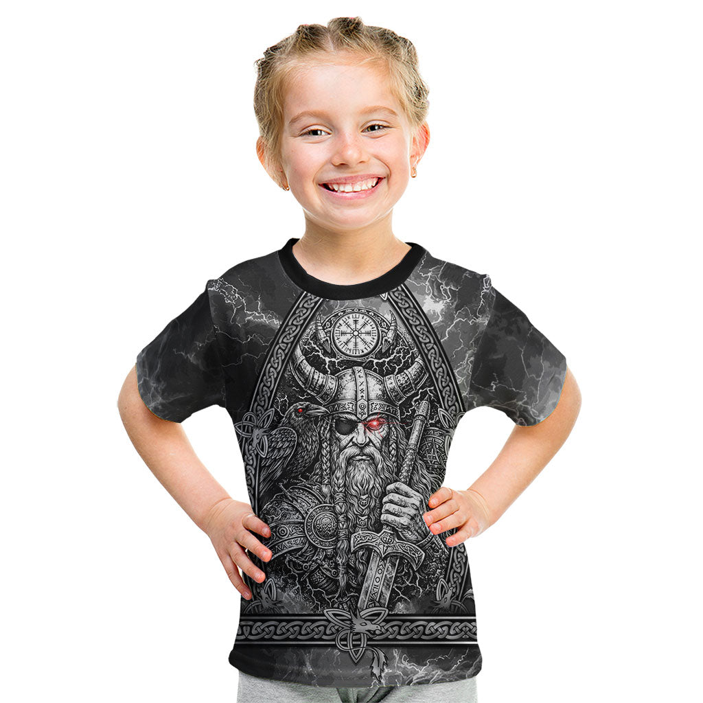 Viking Warrior Raven Axe Vegvisir Kid T Shirt Odin Warrior Nordic Runic Engraved Illustration Style