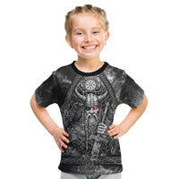Viking Warrior Raven Axe Vegvisir Kid T Shirt Odin Warrior Nordic Runic Engraved Illustration Style