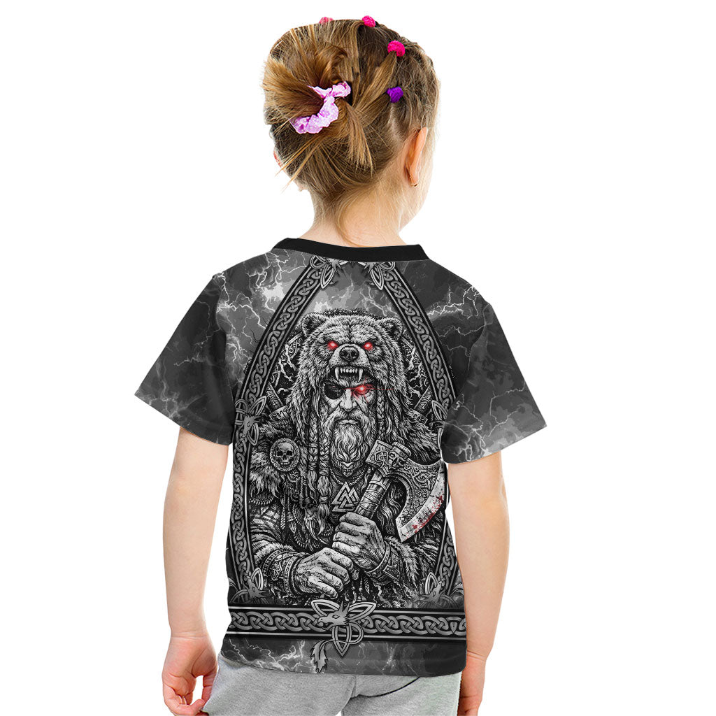 Viking Warrior Raven Axe Vegvisir Kid T Shirt Odin Warrior Nordic Runic Engraved Illustration Style