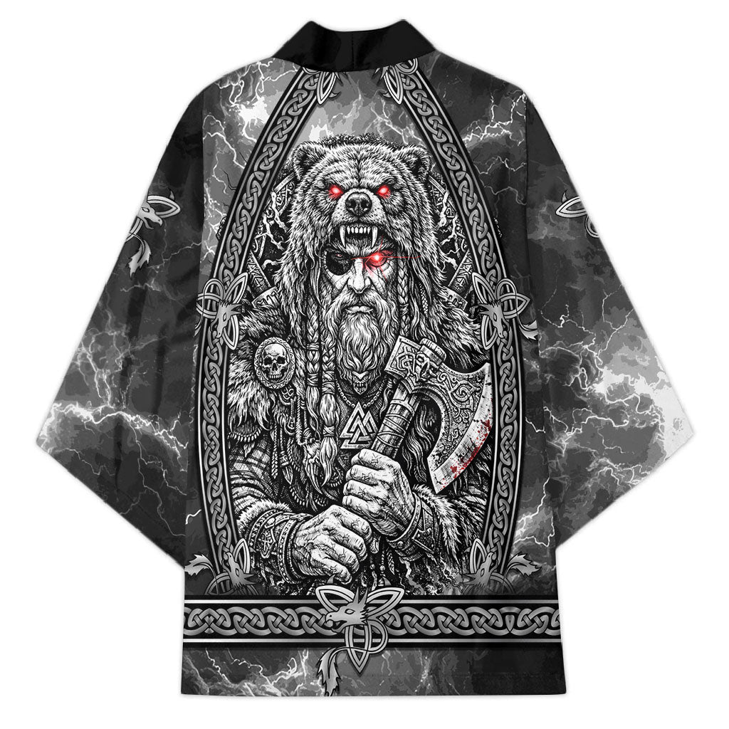 Viking Warrior Raven Axe Vegvisir Kimono Odin Warrior Nordic Runic Engraved Illustration Style