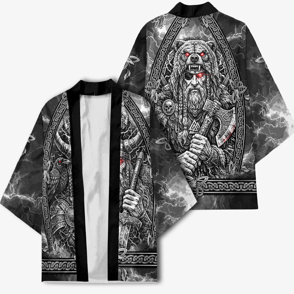 Viking Warrior Raven Axe Vegvisir Kimono Odin Warrior Nordic Runic Engraved Illustration Style