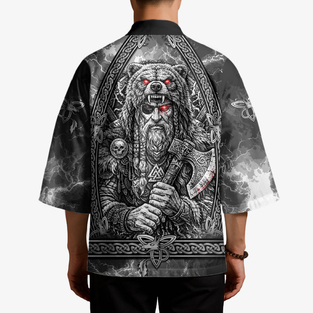 Viking Warrior Raven Axe Vegvisir Kimono Odin Warrior Nordic Runic Engraved Illustration Style