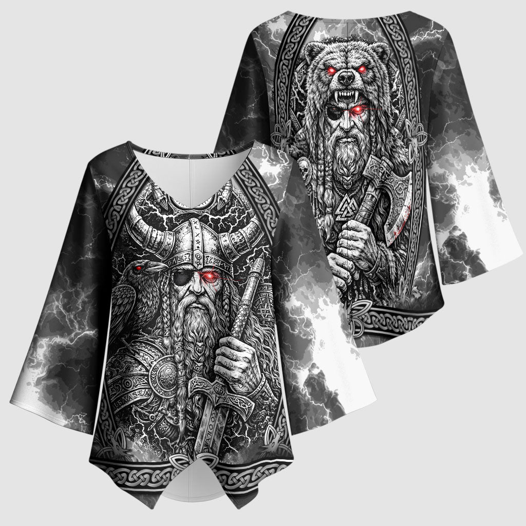 Viking Warrior Raven Axe Vegvisir Kimono Sleeve Blouse Odin Warrior Nordic Runic Engraved Illustration Style