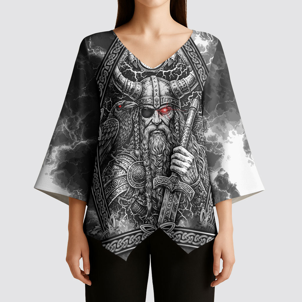 Viking Warrior Raven Axe Vegvisir Kimono Sleeve Blouse Odin Warrior Nordic Runic Engraved Illustration Style