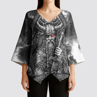 Viking Warrior Raven Axe Vegvisir Kimono Sleeve Blouse Odin Warrior Nordic Runic Engraved Illustration Style