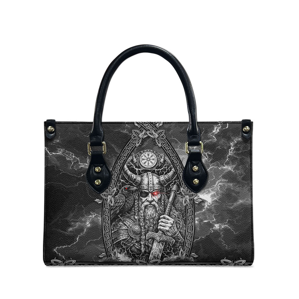 Viking Warrior Raven Axe Vegvisir Leather Bag Odin Warrior Nordic Runic Engraved Illustration Style
