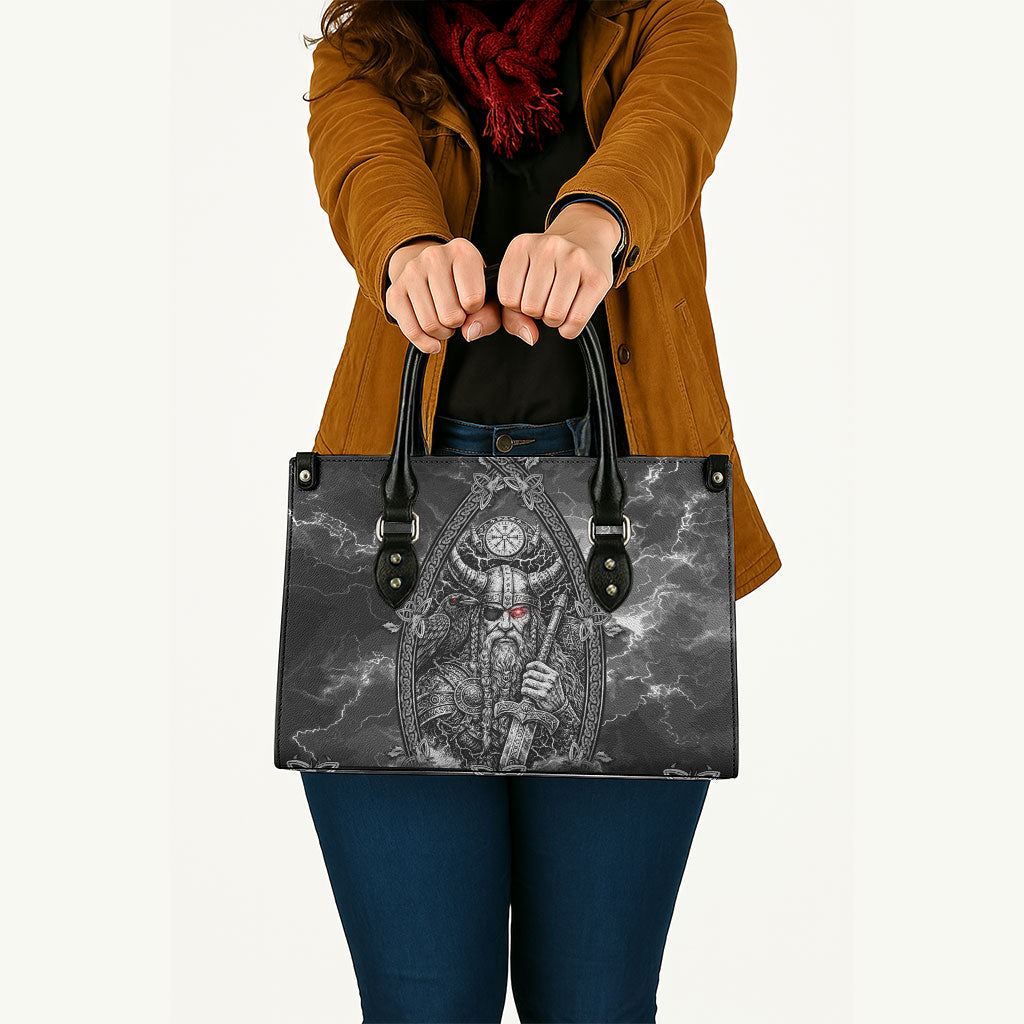 Viking Warrior Raven Axe Vegvisir Leather Bag Odin Warrior Nordic Runic Engraved Illustration Style