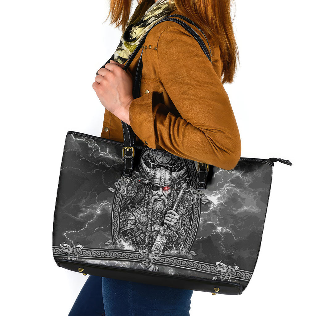 Viking Warrior Raven Axe Vegvisir Leather Tote Bag Odin Warrior Nordic Runic Engraved Illustration Style