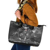 Viking Warrior Raven Axe Vegvisir Leather Tote Bag Odin Warrior Nordic Runic Engraved Illustration Style