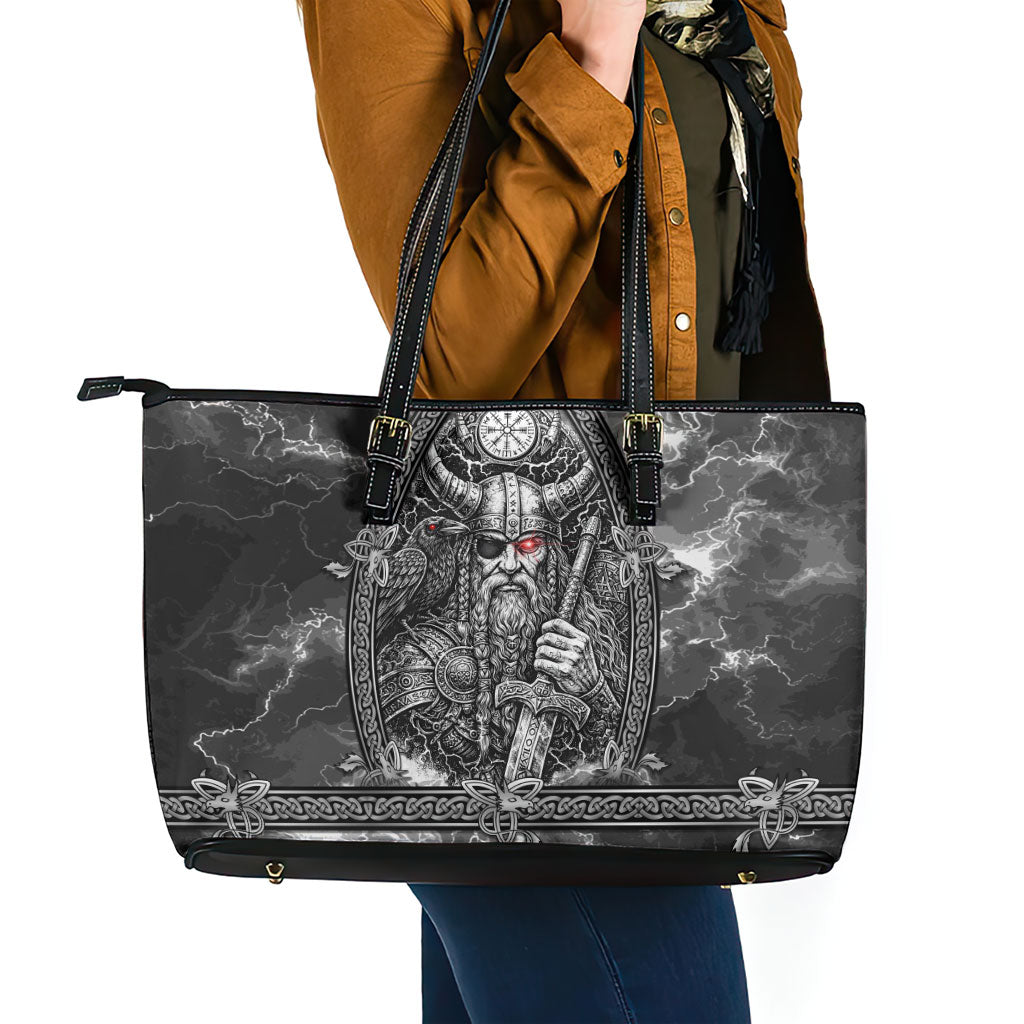 Viking Warrior Raven Axe Vegvisir Leather Tote Bag Odin Warrior Nordic Runic Engraved Illustration Style