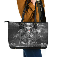 Viking Warrior Raven Axe Vegvisir Leather Tote Bag Odin Warrior Nordic Runic Engraved Illustration Style