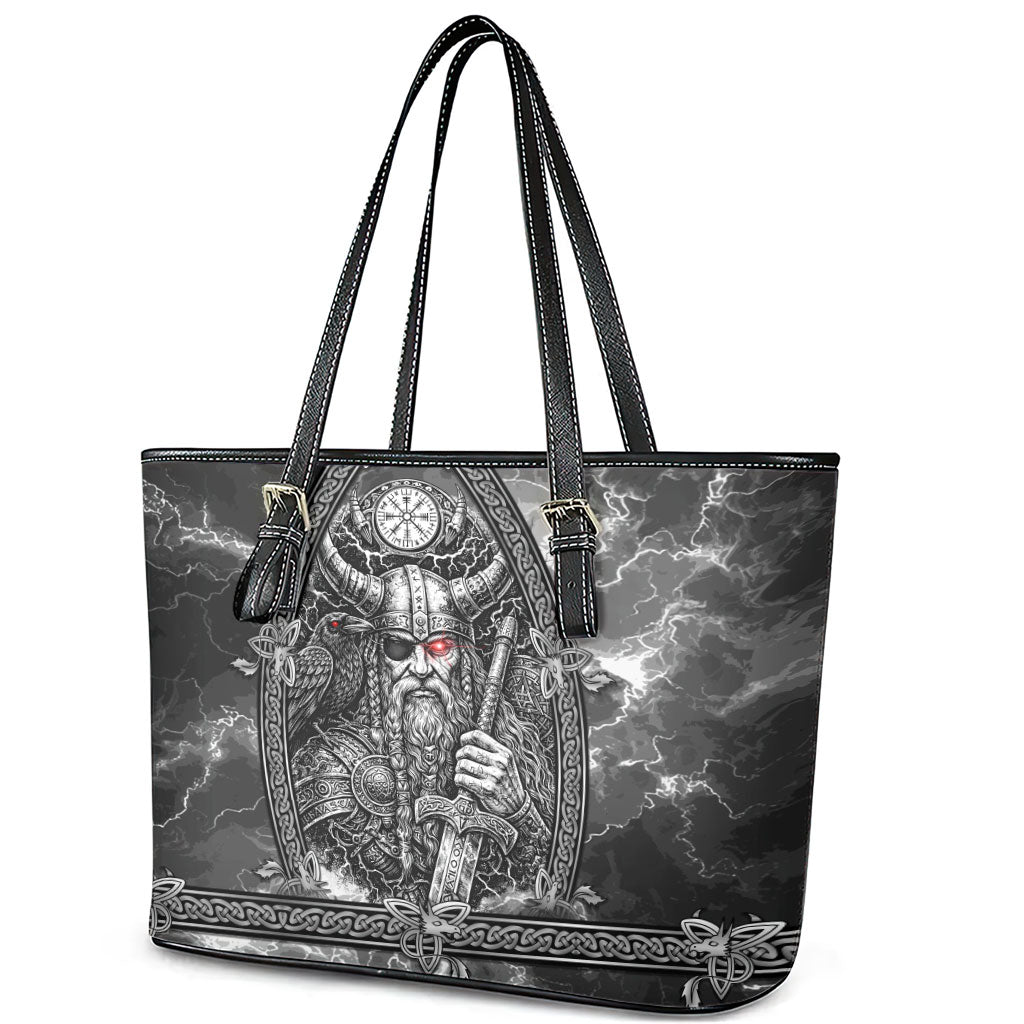 Viking Warrior Raven Axe Vegvisir Leather Tote Bag Odin Warrior Nordic Runic Engraved Illustration Style