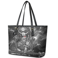 Viking Warrior Raven Axe Vegvisir Leather Tote Bag Odin Warrior Nordic Runic Engraved Illustration Style