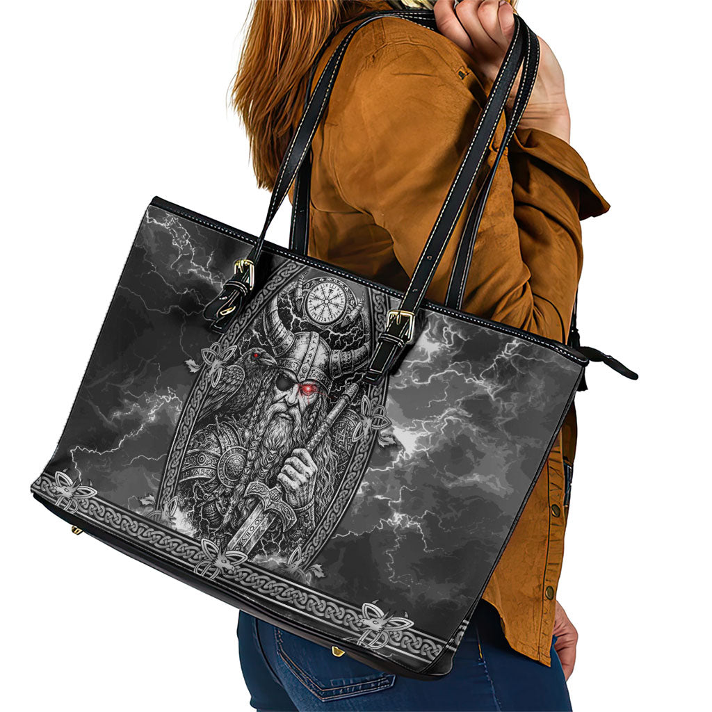 Viking Warrior Raven Axe Vegvisir Leather Tote Bag Odin Warrior Nordic Runic Engraved Illustration Style