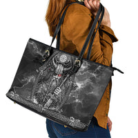 Viking Warrior Raven Axe Vegvisir Leather Tote Bag Odin Warrior Nordic Runic Engraved Illustration Style