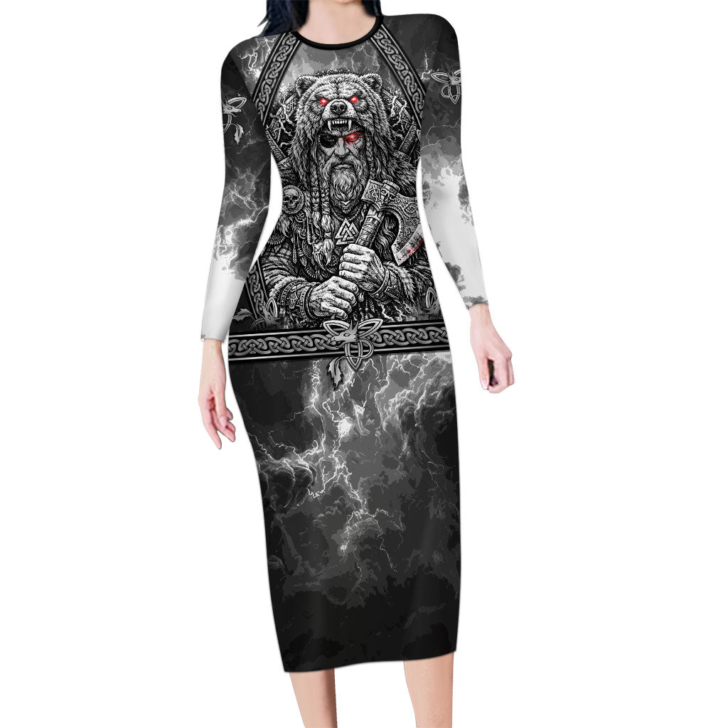 Viking Warrior Raven Axe Vegvisir Long Sleeve Bodycon Dress Odin Warrior Nordic Runic Engraved Illustration Style