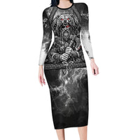 Viking Warrior Raven Axe Vegvisir Long Sleeve Bodycon Dress Odin Warrior Nordic Runic Engraved Illustration Style
