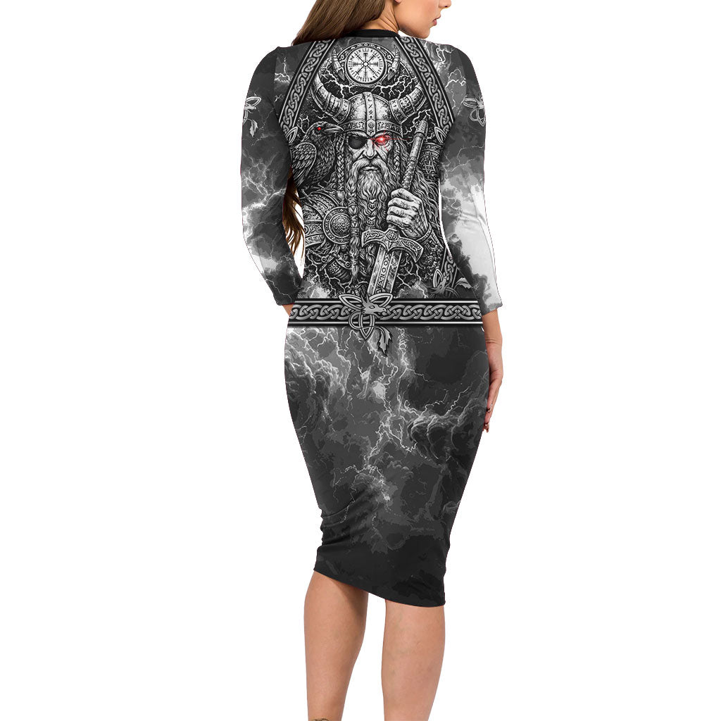 Viking Warrior Raven Axe Vegvisir Long Sleeve Bodycon Dress Odin Warrior Nordic Runic Engraved Illustration Style