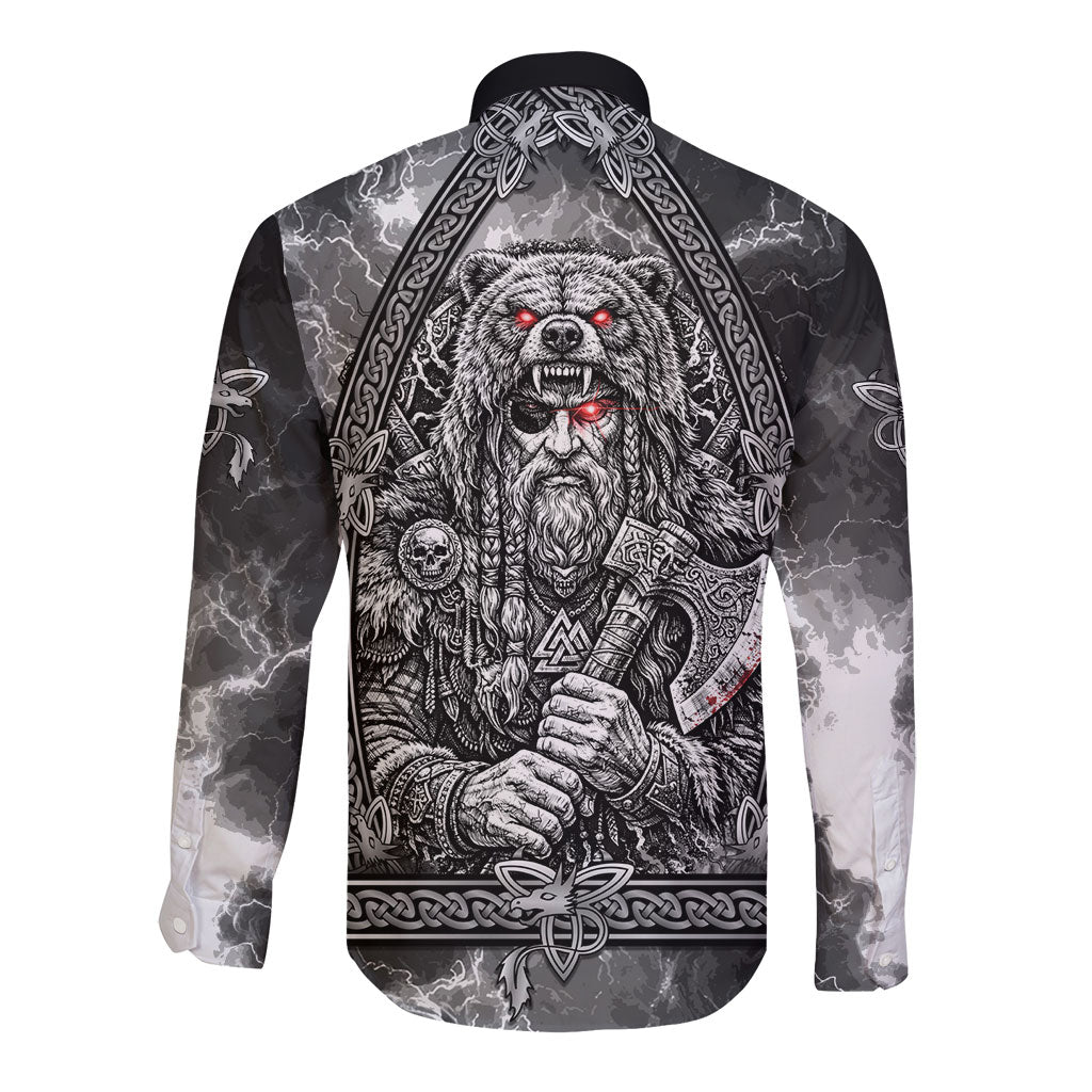 Viking Warrior Raven Axe Vegvisir Long Sleeve Button Shirt Odin Warrior Nordic Runic Engraved Illustration Style