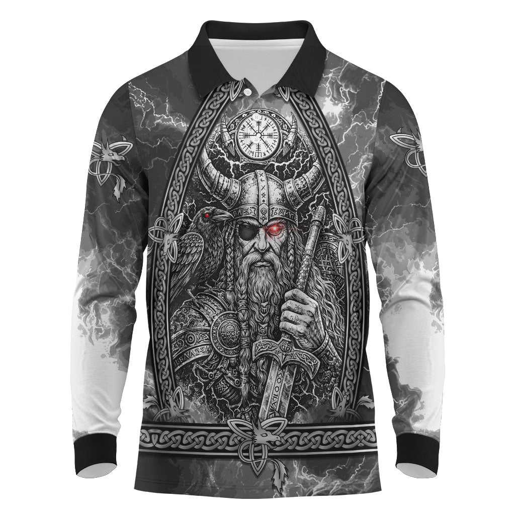 Viking Warrior Raven Axe Vegvisir Long Sleeve Polo Shirt Odin Warrior Nordic Runic Engraved Illustration Style