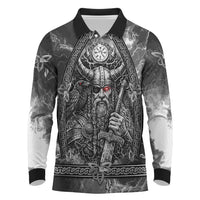 Viking Warrior Raven Axe Vegvisir Long Sleeve Polo Shirt Odin Warrior Nordic Runic Engraved Illustration Style
