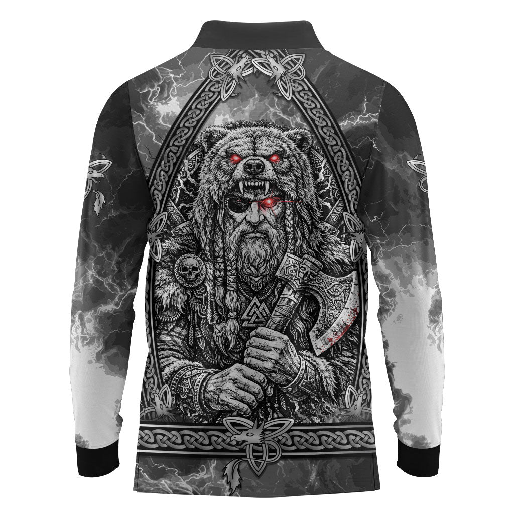 Viking Warrior Raven Axe Vegvisir Long Sleeve Polo Shirt Odin Warrior Nordic Runic Engraved Illustration Style