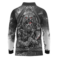 Viking Warrior Raven Axe Vegvisir Long Sleeve Polo Shirt Odin Warrior Nordic Runic Engraved Illustration Style