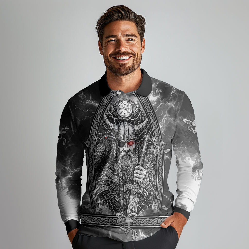 Viking Warrior Raven Axe Vegvisir Long Sleeve Polo Shirt Odin Warrior Nordic Runic Engraved Illustration Style