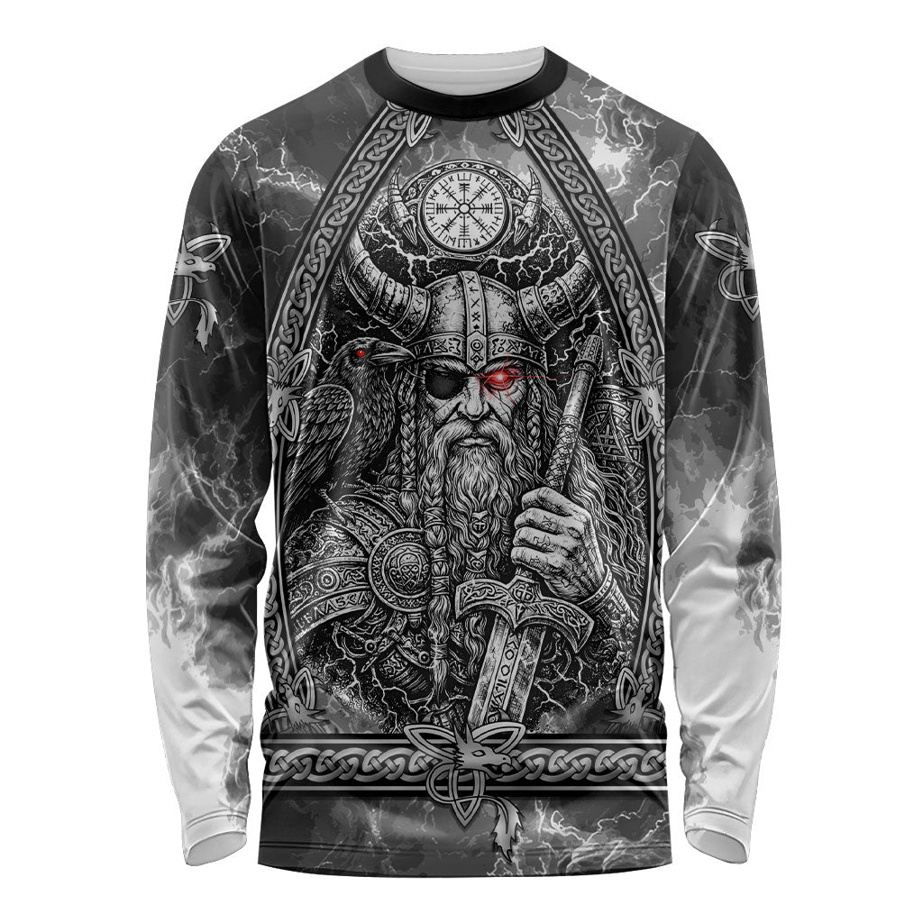 Viking Warrior Raven Axe Vegvisir Long Sleeve Shirt Odin Warrior Nordic Runic Engraved Illustration Style