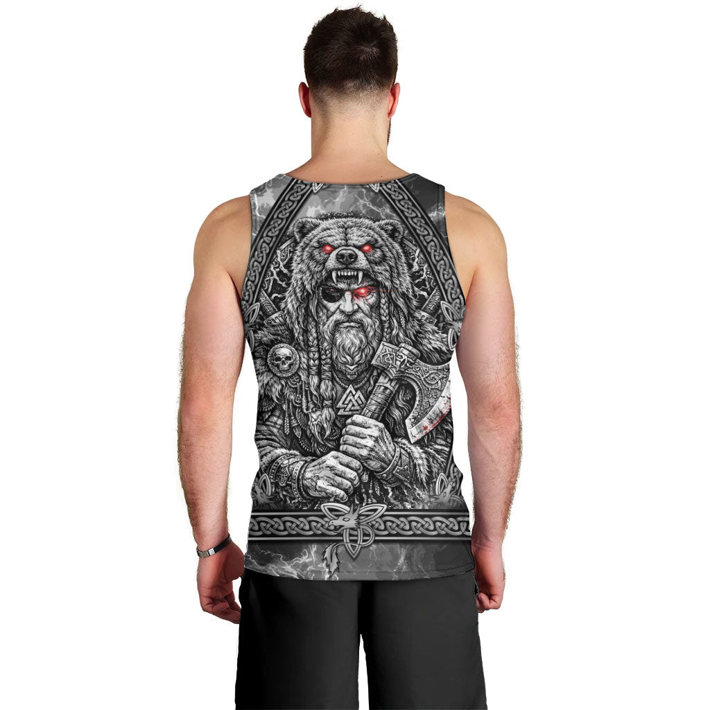 Viking Warrior Raven Axe Vegvisir Men Tank Top Odin Warrior Nordic Runic Engraved Illustration Style