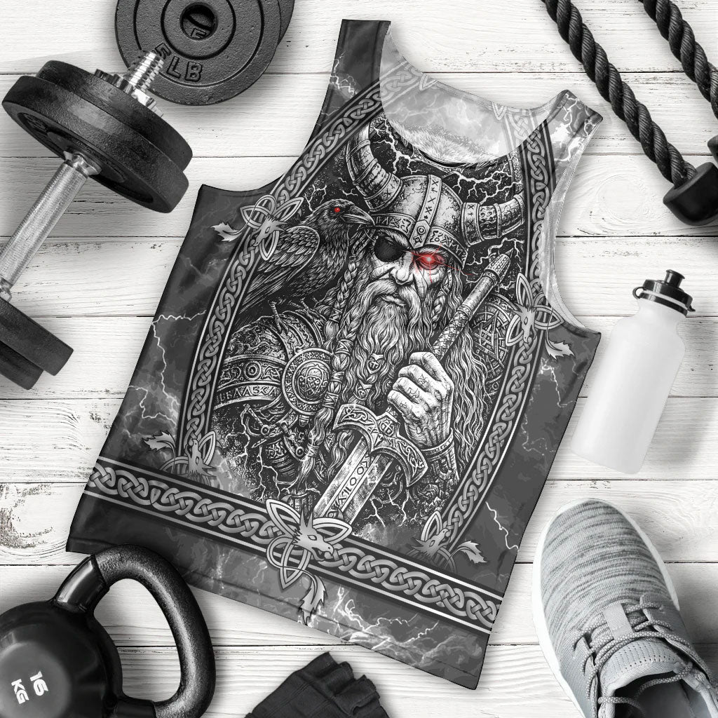 Viking Warrior Raven Axe Vegvisir Men Tank Top Odin Warrior Nordic Runic Engraved Illustration Style
