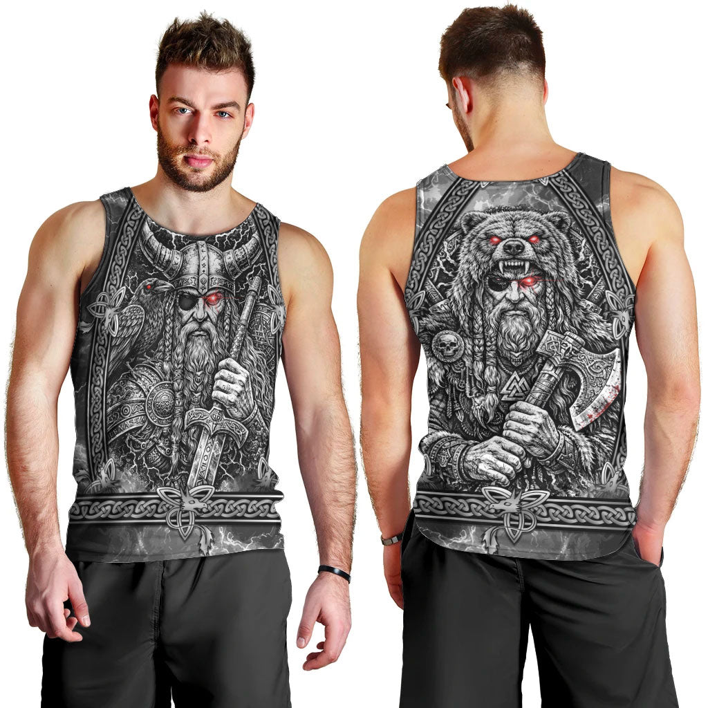 Viking Warrior Raven Axe Vegvisir Men Tank Top Odin Warrior Nordic Runic Engraved Illustration Style